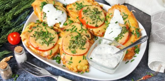 Драники с сыром и помидорами